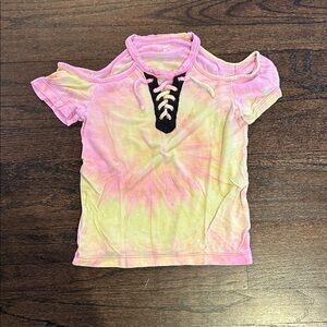 Flowers by Zoe Girls Pink & Yellow Tie-Dye Cold-Shoulder Lace-Up Top Size 4